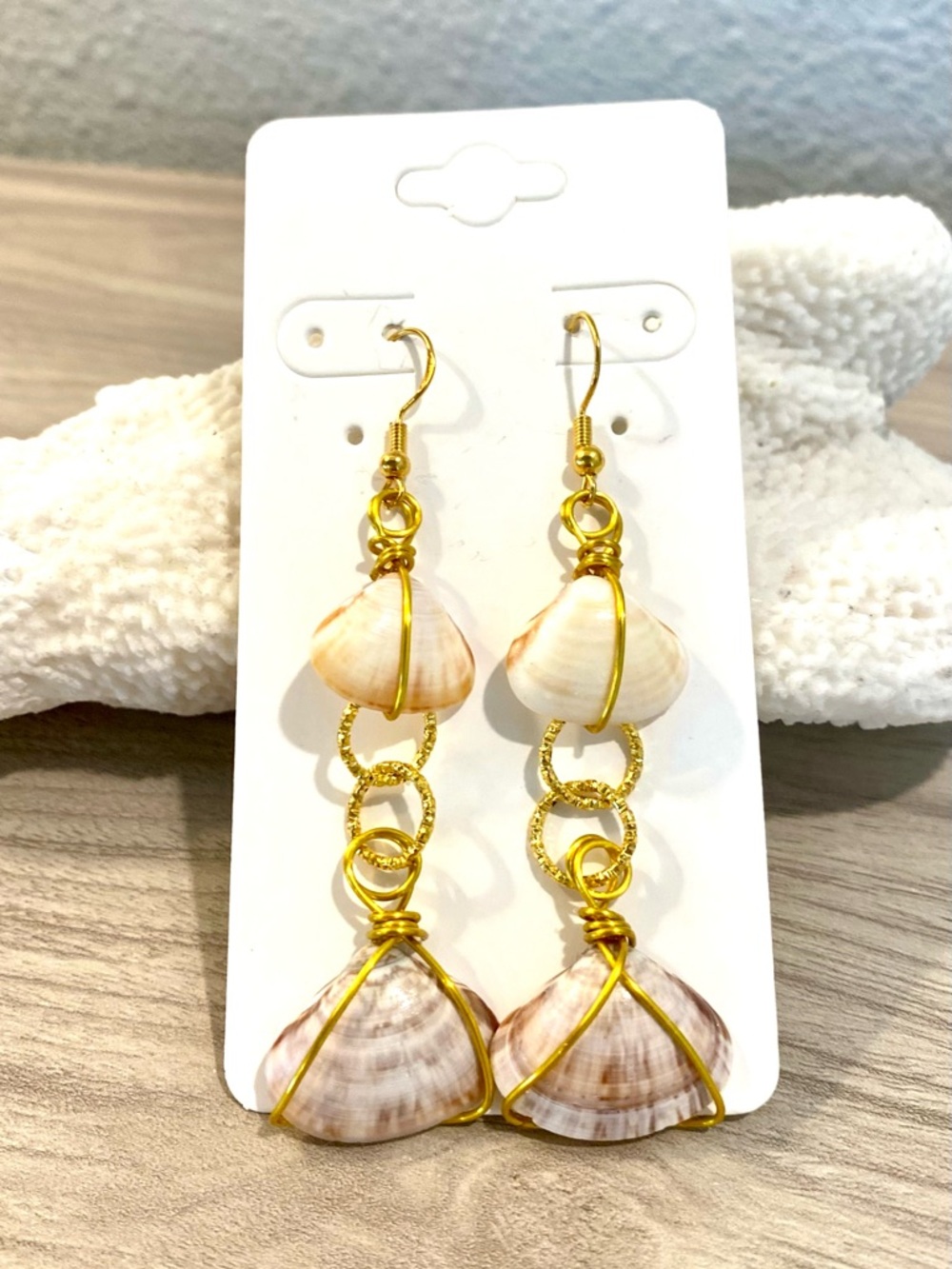 2. Gold Wire-Wrapped Cabo San Lucas, Mexico Seashell Drop Earrings
